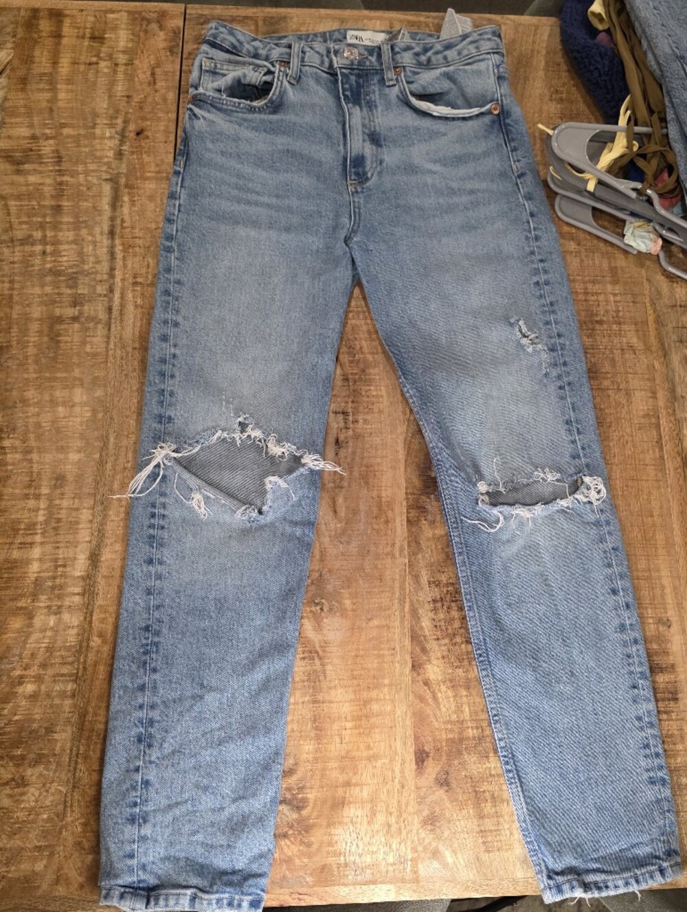 Zara Light Blue Slim Straight Ripped Jeans